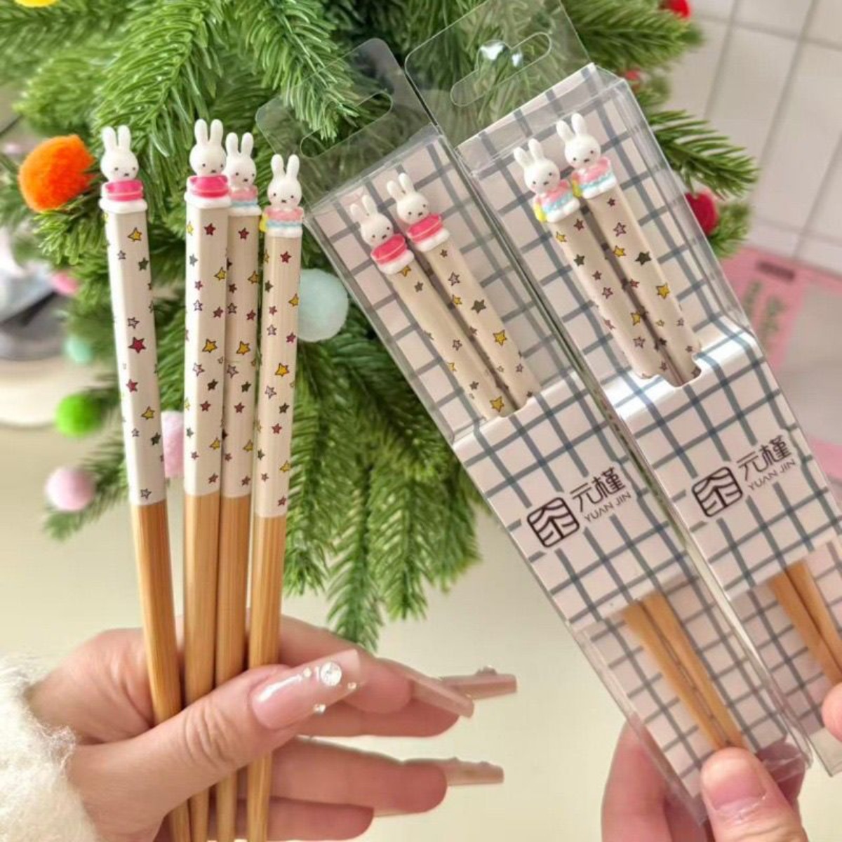 Kitchen Appliances Set - ตะเกียบลายมิฟฟี่กระต่ายน่ารัก ลายการ์ตูนมิฟฟี่กระต่ายลายดาว ฝาครอบลายมิฟฟี่กระต่าย 3 มิติ ตะเกียบไม้ไผ่และไม้