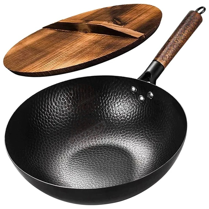 Wok Electric Flat - กระทะเหล็กคาร์บอน 32 ซม. พร้อมฝาไม้ ไม่เคลือบผิว ก้นแบน