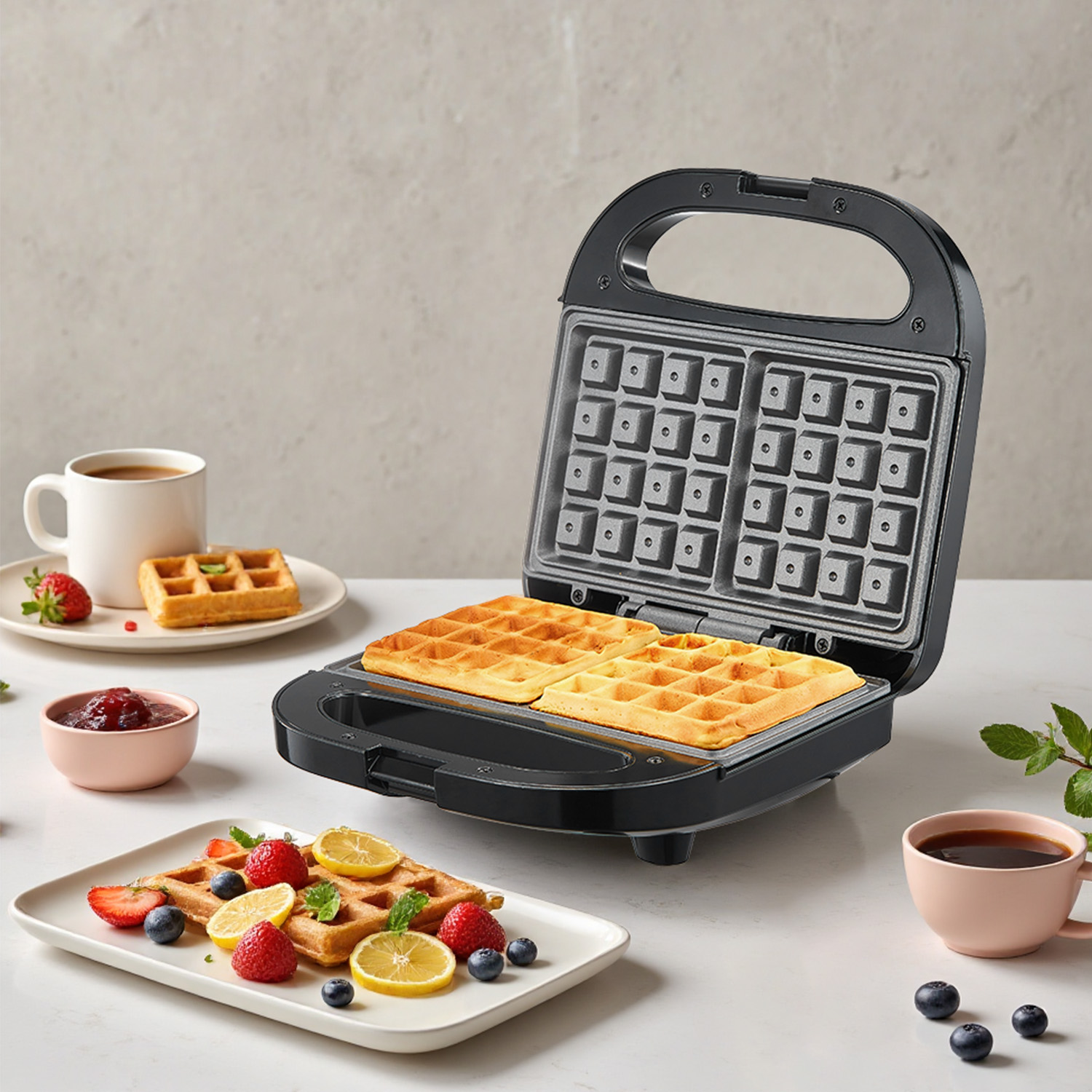 Waffle Iron Belgian - เครื่องทำวาฟเฟิลเบลเยียม 2 ชิ้น, แผ่นเคลือบกันติด, เตารีดวาฟเฟิลไฟฟ้าขนาดกะทัดรัดพร้อมไฟ LED,