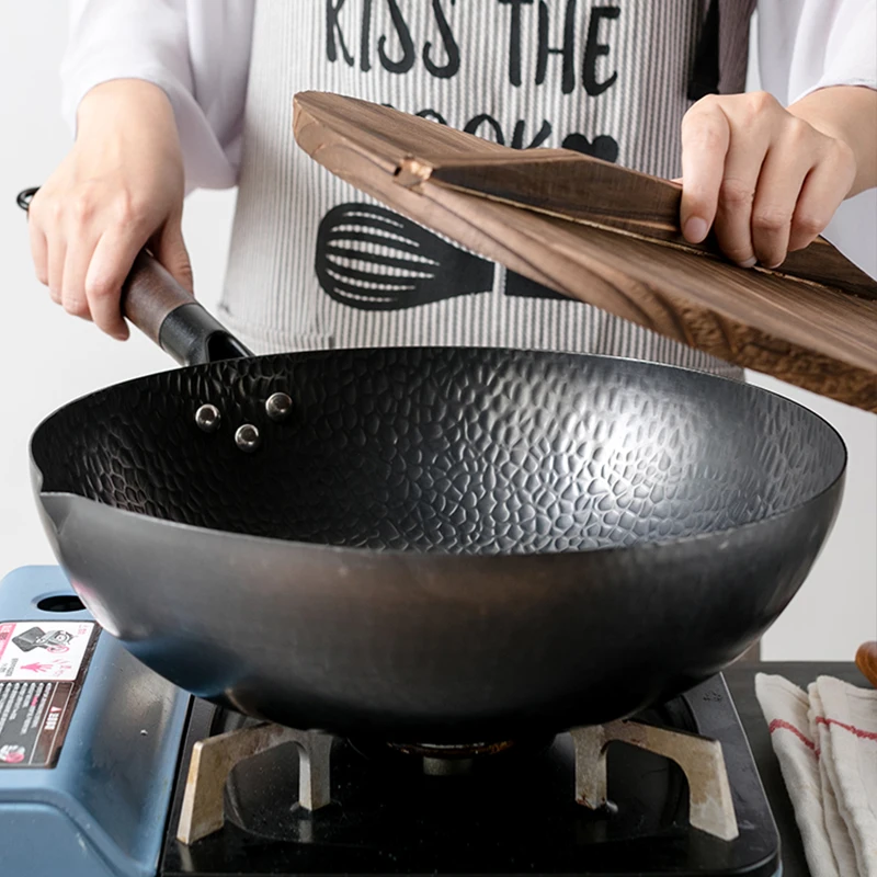 Wok Electric Flat - กระทะเหล็กคาร์บอนขนาด 32 ซม. ชุดกระทะผัดพร้อมฝาไม้ กระทะก้นแบนเคลือบสารกันติด สำหรับเตาไฟฟ้า