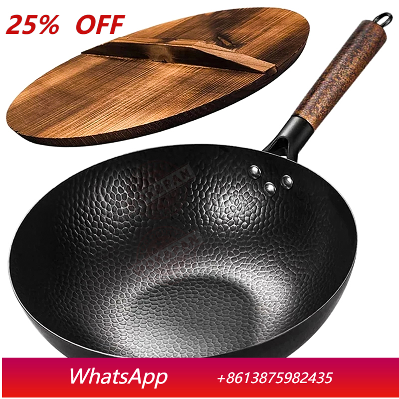Wok Electric Flat - กระทะเหล็กคาร์บอน 32 ซม. พร้อมฝาไม้ ไม่เคลือบผิว ก้นแบน