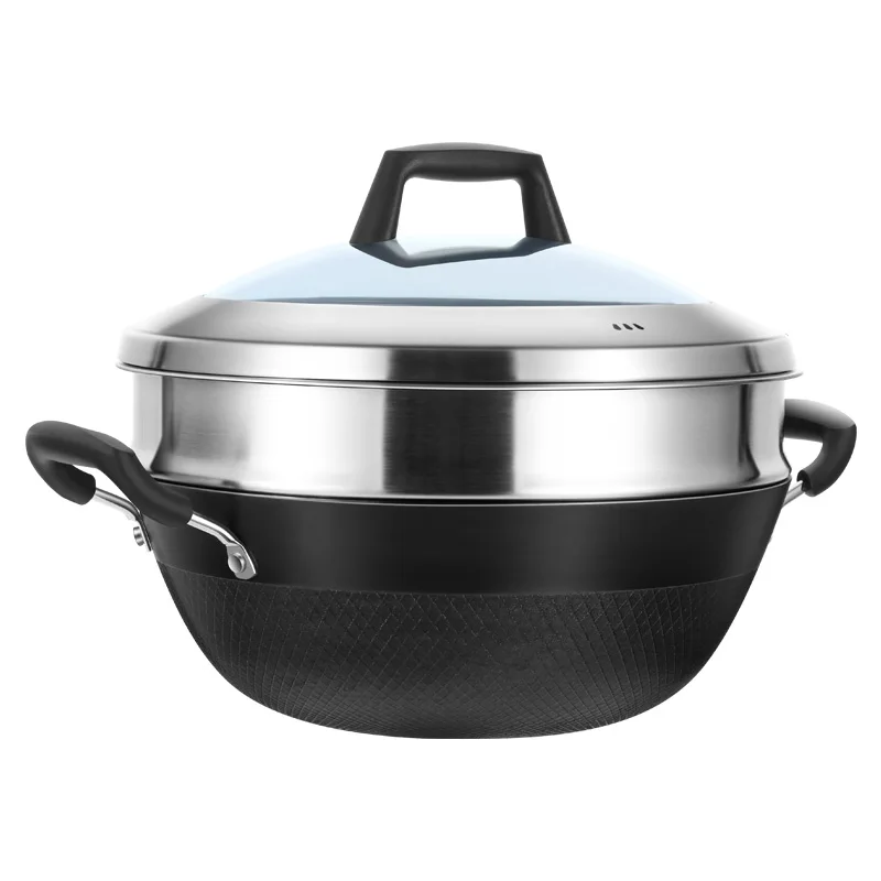 Wok Electric Flat - กระทะก้นแบน กระทะสแตนเลสพร้อมฝาแก้ว ด้ามจับเบกาไลท์ หม้อนึ่ง กระทะเคลือบสารกันติด
